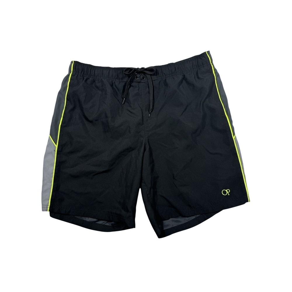 OP Ocean Pacific Swim Trunks Mens XL Black Grey Neon Yellow Board Shorts Mesh